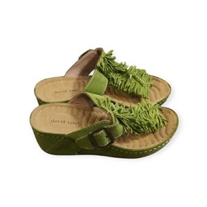 David Tate Green Leather Suede Fringe Buckle Wedge Sandals Shoes Size 6.5 WW